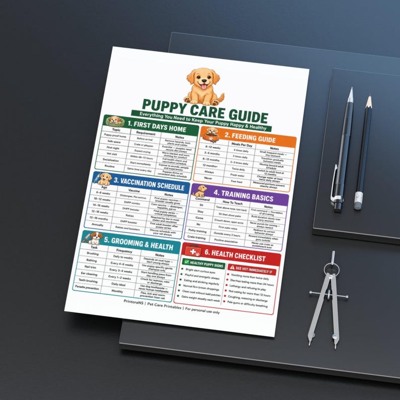 May include: A white paper puppy care guide featuring a cartoon golden puppy at the top. The document includes six sections: First Days Home, Feeding Guide, Vaccination Schedule, Training Basics, Grooming & Health, and a Health Checklist with tables.