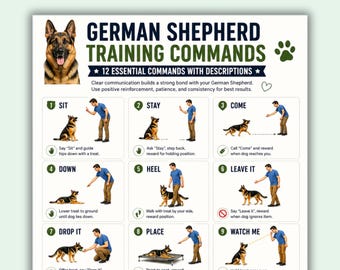 Comandi di addestramento per pastore tedesco in formato PDF stampabile, tabella di addestramento per cani, guida ai 12 comandi essenziali per cani, poster di addestramento per cani in formato A4 (US Letter).