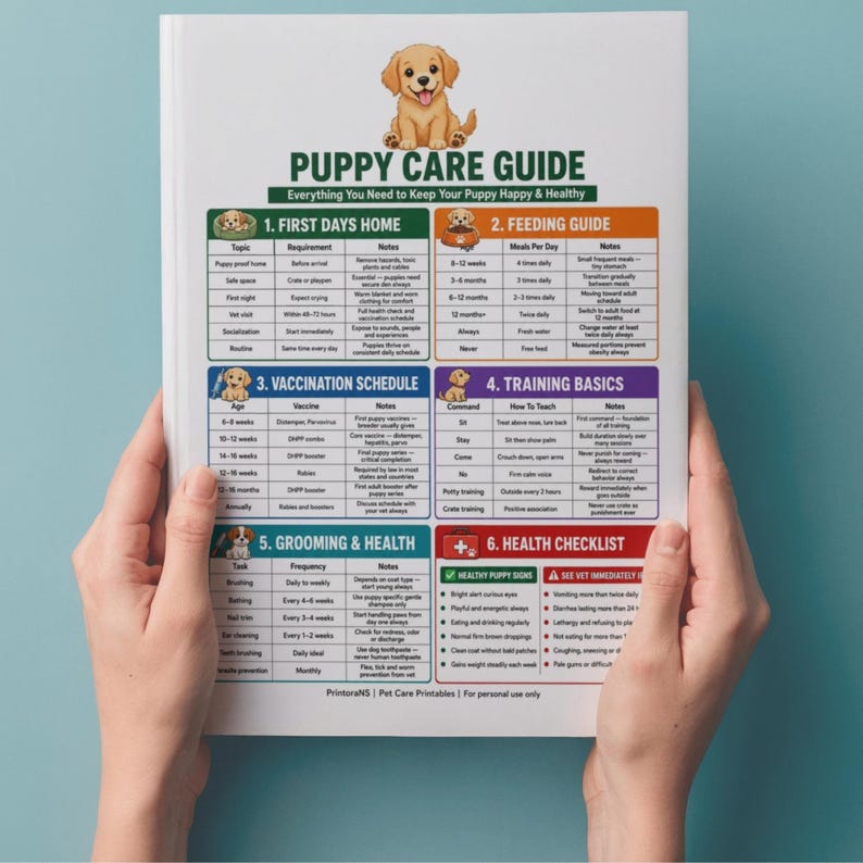 May include: A white informational guide titled Puppy Care Guide with a cartoon puppy illustration. It features six color-coded sections: First Days Home, Feeding Guide, Vaccination Schedule, Training Basics, Grooming & Health, and Health Checklist.