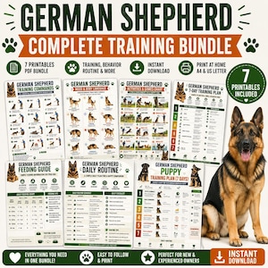 May include: A complete German Shepherd training bundle with 7 printable PDF guides. Includes training commands, mood & body language, activities & games, a 7-day training plan, feeding guide, and daily routine. Features an image of a German Shepherd.