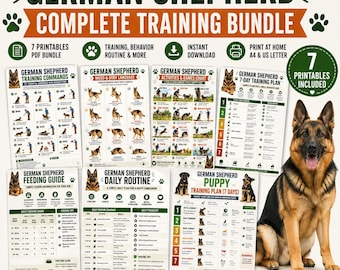 May include: A complete German Shepherd training bundle with 7 printable PDF guides. Includes training commands, mood & body language, activities & games, a 7-day training plan, feeding guide, and daily routine. Features an image of a German Shepherd.