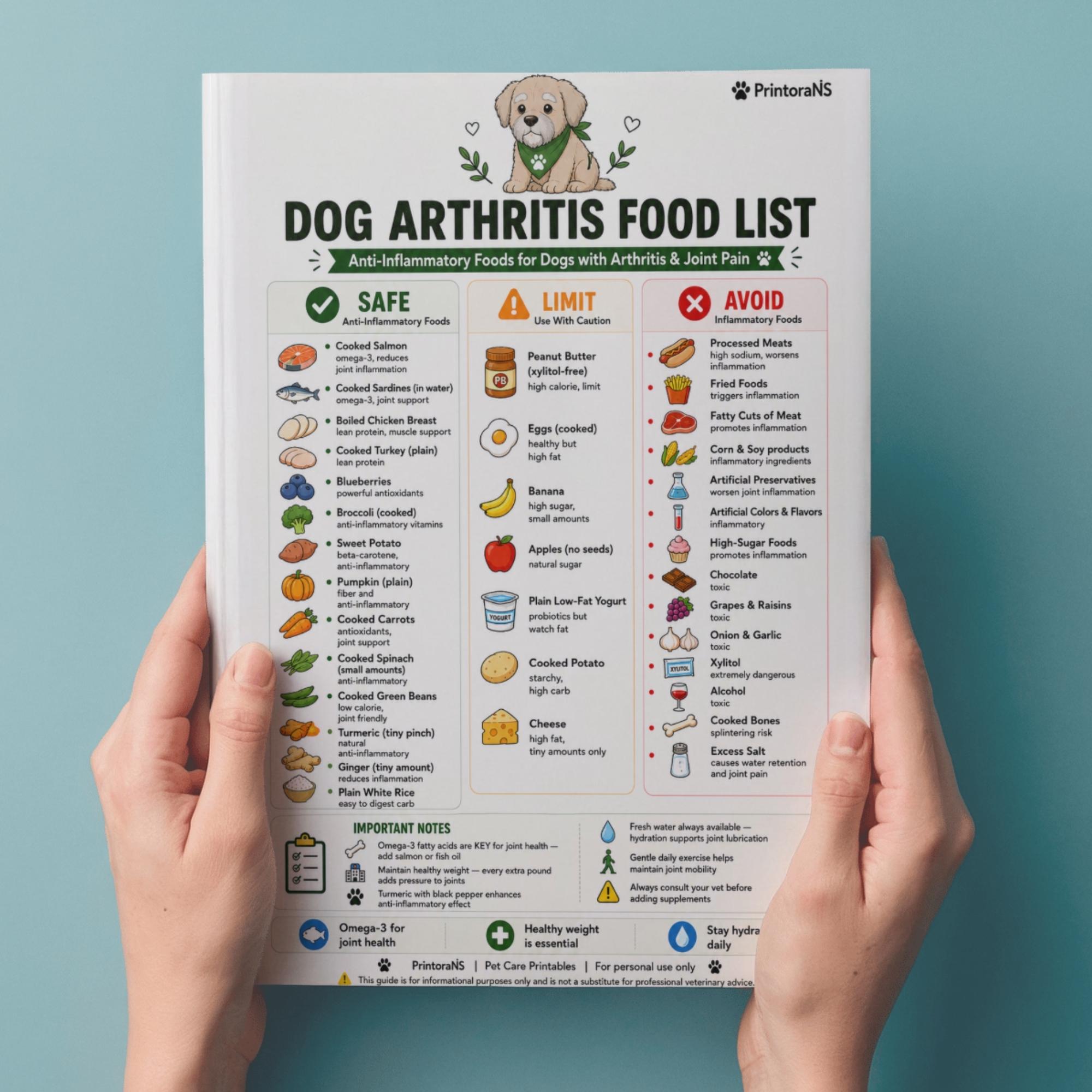 Dog Arthritis Food List Printable PDF, Anti-inflammatory Dog Food Chart ...