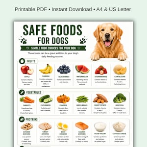 May include: A printable PDF chart titled "Safe Foods for Dogs" lists fruits, vegetables, and proteins suitable for a dog's diet. The chart includes images of apples, bananas, blueberries, watermelon, strawberries, cantaloupe, carrots, cucumbers, pumpkin, green beans, sweet potato, broccoli, chicken, turkey, eggs, salmon, plain yogurt, and cottage cheese.