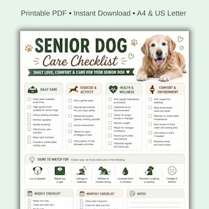May include: A printable PDF checklist for senior dog care, featuring sections on daily care, exercise, health, and comfort. Includes a photo of a golden retriever and text: "Senior Dog Care Checklist".