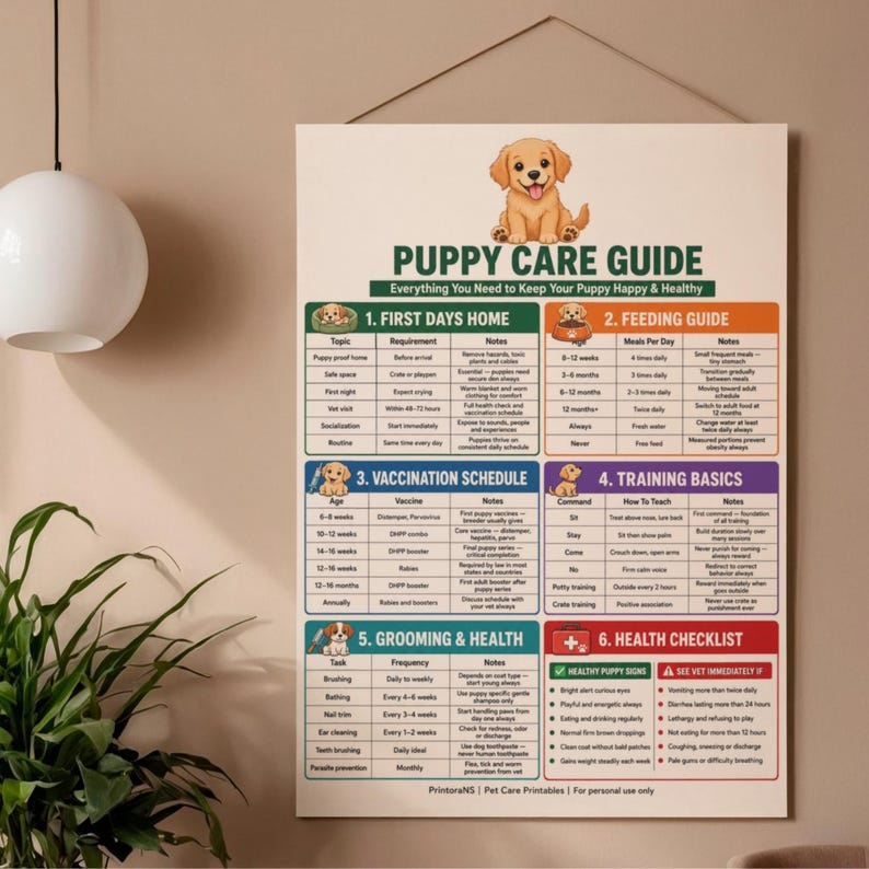 May include: A rectangular wall poster titled PUPPY CARE GUIDE featuring a cartoon golden puppy illustration. The chart includes six sections: First Days Home, Feeding Guide, Vaccination Schedule, Training Basics, Grooming & Health, and Health Checklist.