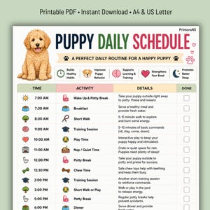 Puede incluir: Un horario diario imprimible para cachorros con una ilustración de golden retriever. El horario incluye horarios para despertarse, descansos para ir al baño, comidas, paseos, entrenamiento, juegos y siestas. El texto incluye "Puppy Daily Schedule".