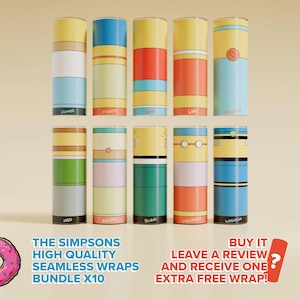 Peut inclure: Dix emballages cylindriques avec des motifs inspirés des personnages des Simpson. Chaque emballage présente une combinaison de couleurs et un design uniques, avec les noms des personnages imprimés dessus. Le texte "THE SIMPSONS HIGH QUALITY SEAMLESS WRAPS BUNDLE X10" est également visible.