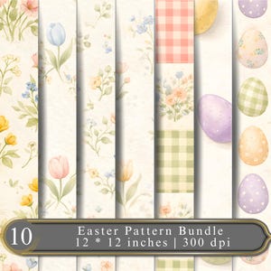May include: A digital paper set titled 10 Easter Pattern Bundle 12 * 12 inches | 300 dpi, featuring vertical strips of watercolor illustrations including tulips, wildflowers, gingham checks in pink and green, and speckled pastel Easter eggs.