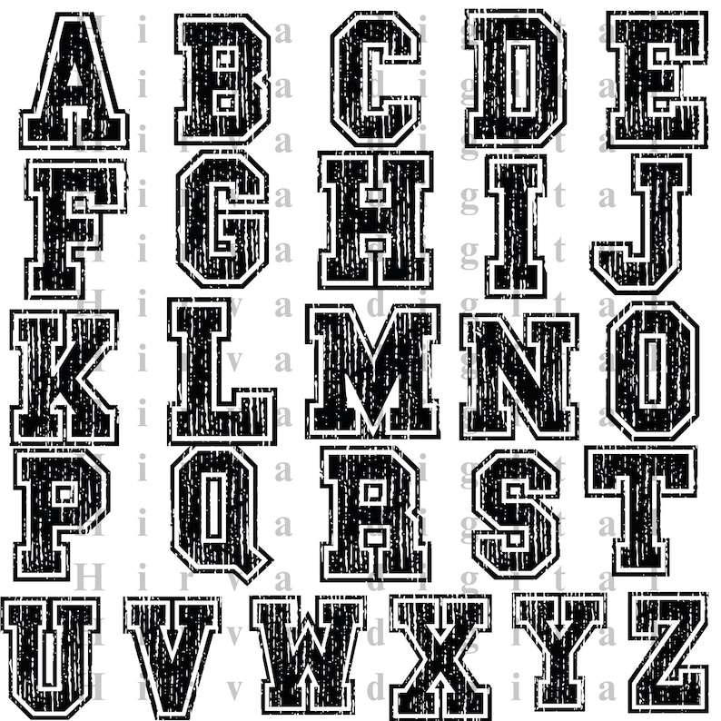 Grunge Varsity Alphabet Numbers PNG | Distressed Sports Font Graphics ...