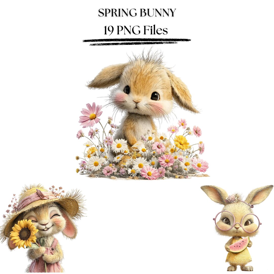 Bunny Clipart PNG Bundle | Spring Rabbit Floral Basket Sunflower ...