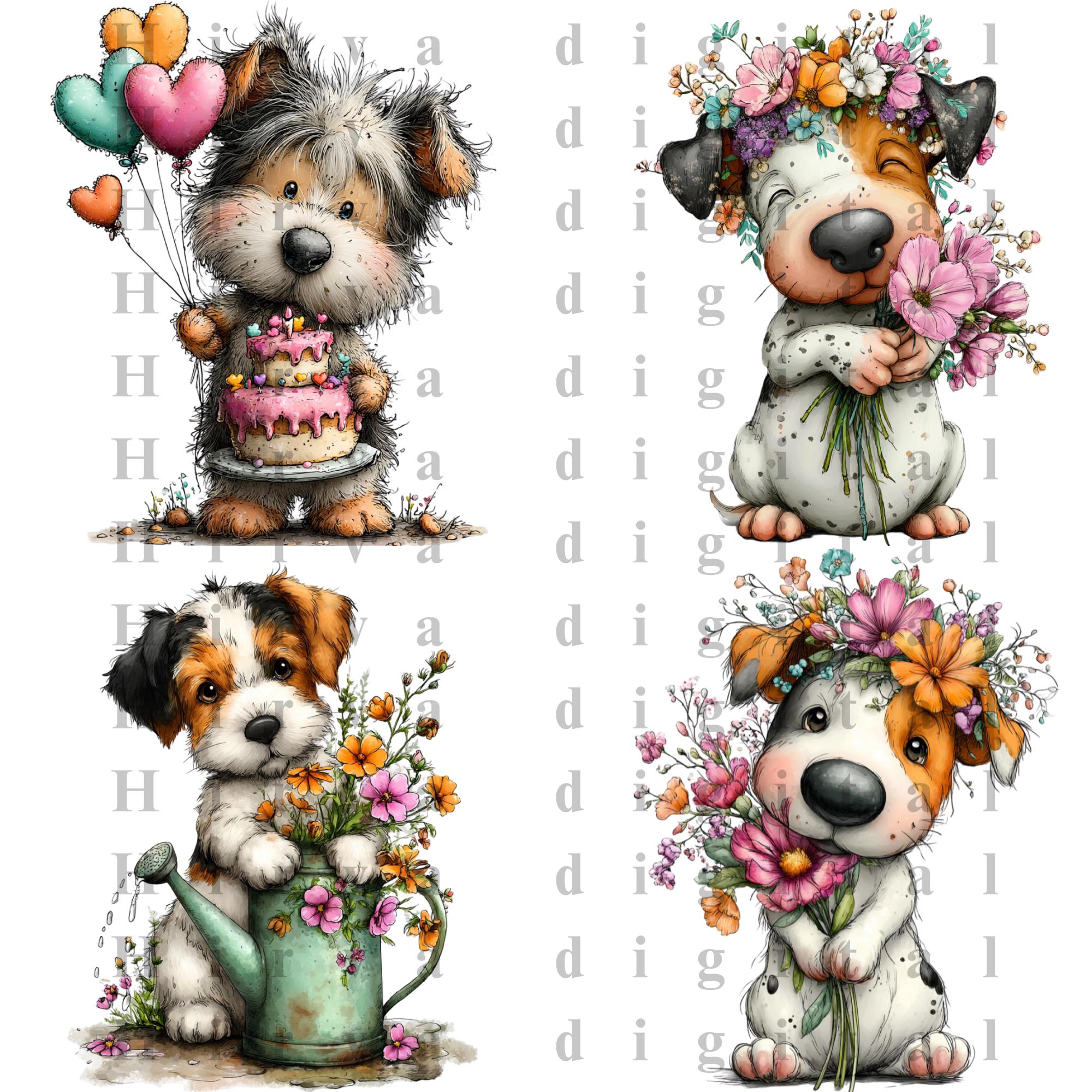 Floral Dog Clipart Bundle | Kawaii Puppy Cartoon PNG Sublimation Design ...