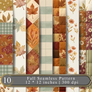 Könnte beinhalten: Eine digitale Sammlung von zehn nahtlosen Mustern mit Herbstmotiven, darunter Aquarell-Ahornblätter, Blumenmuster, Karos und Streifendesigns in Orange-, Braun-, Creme- und Salbeigrüntönen, mit dem Text 10 Fall Seamless Pattern 12 * 12 inches | 300 dpi.