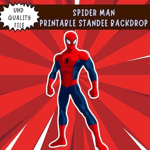 Peut inclure: Illustration de Spider-Man en costume rouge et bleu, sur fond rouge à rayons. Le texte indique "Spider Man Printable Standee Backdrop" et "UHD Quality File".