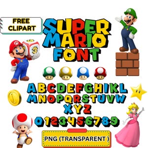 Pode incluir: Uma coleção de elementos de clipart com o tema Super Mario. Inclui as palavras "Super Mario Font" num design colorido e em blocos, juntamente com o alfabeto, números e vários personagens como Mario, Luigi e a Princesa Peach. Também inclui cogumelos, uma moeda de ouro e uma estrela.