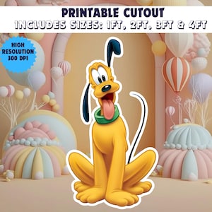 May include: A yellow Pluto cutout with a green collar and tongue sticking out. The image includes text that says "PRINTABLE CUTOUT" and "INCLUDES SIZES: 1FT, 2FT, 3FT & 4FT". A blue and white badge says "HIGH RESOLUTION 300 DPI".