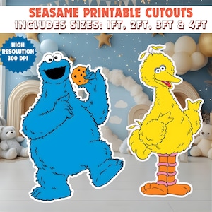 May include: Printable Sesame Street cutouts featuring Cookie Monster holding a cookie and Big Bird. The cutouts include sizes 1ft, 2ft, 3ft, and 4ft. The image has a high resolution of 300 DPI.