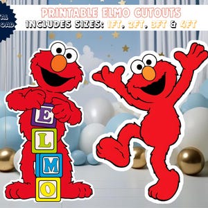 May include: Printable Elmo cutouts in red, with the text "PRINTABLE ELMO CUTOUTS INCLUDES SIZES: 1FT, 2FT, 3FT & 4FT". One Elmo holds blocks spelling "ELMO". The other Elmo is in a dancing pose. Digital download.