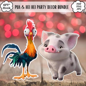 May include: Party decor bundle featuring Hei Hei the rooster and Pua the pig. The rooster has a red comb, orange neck, and blue and green feathers. Pua is a white pig with gray spots and a pink snout. The text reads "Pua & Hei Hei Party Decor Bundle."
