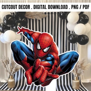 May include: A cutout of Spider-Man in a crouching pose, wearing his signature red and blue suit. The image includes the text "CUTOUT DECOR . DIGITAL DOWNLOAD . PNG / PDF". The background features black and white balloons and a striped backdrop.