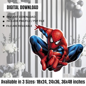 May include: A digital download featuring a vibrant illustration of Spider-Man in a dynamic pose. The image is predominantly red and blue, with the text "DIGITAL DOWNLOAD" at the top. Available in 18x24, 24x36, and 36x48 inch sizes. Includes PNG and PDF files.