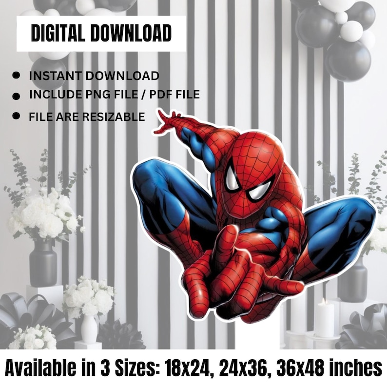 May include: A digital download featuring a vibrant illustration of Spider-Man in a dynamic pose. The image is predominantly red and blue, with the text "DIGITAL DOWNLOAD" at the top. Available in 18x24, 24x36, and 36x48 inch sizes. Includes PNG and PDF files.