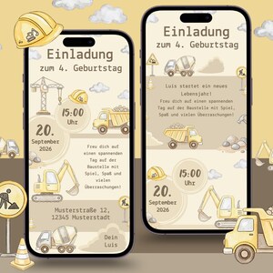May include: Two smartphone screens displaying a construction-themed birthday invitation. The design features illustrations of construction vehicles, a hard hat, and the text "Invitation for the 4th Birthday." The date is September 20, 2026, and the time is 3:00 PM.