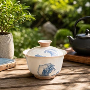 Puede incluir: Un cuenco de té gaiwan de cerámica blanca con tapa a juego, decorado con patrones de olas pintados en azul. El cuenco tiene un borde y una base de color marrón claro sin esmaltar. La tapa incluye un pequeño asa ensanchada con acabado mate.