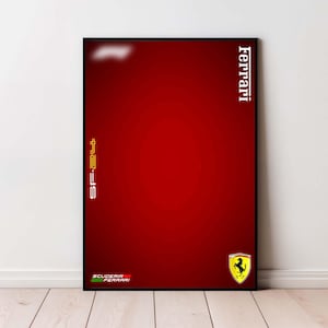 Può includere: Un poster incorniciato con sfondo rosso. Il logo Ferrari è visibile in basso a destra, con la parola "Ferrari" in bianco in verticale a destra. Il testo "SF-24" è a sinistra e "Scuderia Ferrari" in basso.