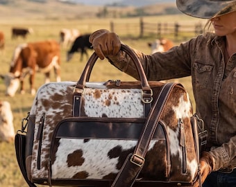 Personalisierte Reisetasche aus Rindsleder | Western-Reisetasche mit Fellmuster