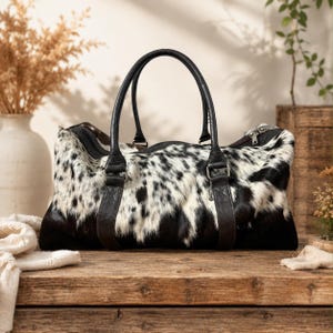 Genuine Cowhide Leather Duffle Bag, Hair-on Hide Weekender Travel Bag
