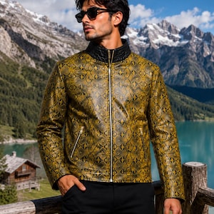 Python Print  jacket for Men, Gold Snakeskin Biker , Handmade Genuine Leather Motorcycle Jacket.