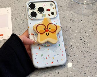 Verspielte Bunte entzückende Cartoon Star Themed MagSafe Tasche mit Brille Star Stand, volle Kamera-Schutz-Abdeckung für iPhone 15/16/17 Pro Max