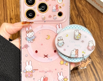 Süße Miffy Bunny MagSafe Handyhülle, Pink Glitter Print stoßfeste Anti-Kratz-Abdeckung mit passendem Ständer für iPhone 15/16/17 Pro Max