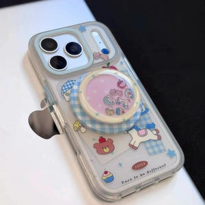 Kawaii Blue Cute Blue Gingham Animal Print MagSafe Compatible Phone Case with Rotating Stand, Shockproof Cover for iPhone 15/16/17 Pro Max