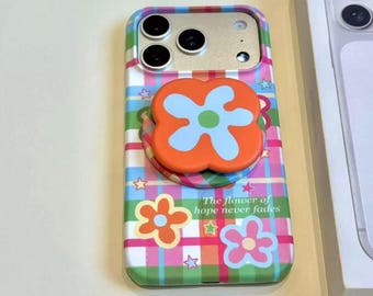 Kawaii Multicolor helle Blume & Stern Muster MagSafe kompatible Hülle mit niedlichem Ständer, schlanke stoßfeste Abdeckung für iPhone 15/16/17 Pro Max