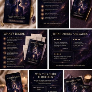 May include: An advertisement for a "Manifestation Guide" ebook. The cover shows a silhouette of a person with a glowing aura. Other images display the guide's contents, testimonials, and a bonus affirmation script.
