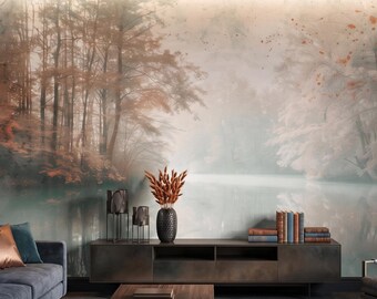 Misty Forest Lake Wallpaper Living Room Bedroom Wall Mural Soft Nature Landscape Wallpaper Scandinavian Decor