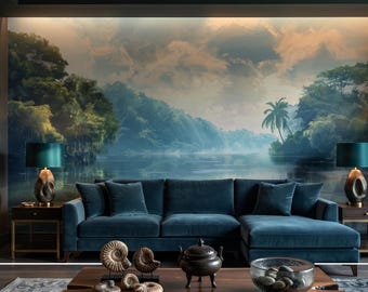 Tropical River Wall Mural, Jungle Lake Wallpaper, Misty Nature Wall Decor, Peel And Stick Wallpaper, Botanical Landscape Mural