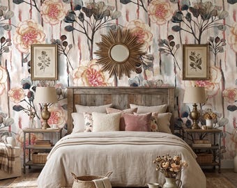 Watercolor Floral Living Room Wallpaper, Neutral Flower Bedroom Wall Mural, Vintage Botanical Office Wall Decor