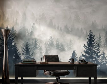 Foggy Forest Wall Mural, Misty Pine Tree Wallpaper, Moody Woodland Decor, Scandinavian Nature Wall Art, Peel And Stick Wallpaper