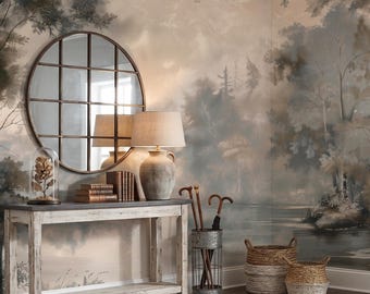 Moody Forest Wallpaper, Misty Lake Wall Mural, Neutral Nature Wallpaper, Peel And Stick Livingroom Wallpaper, Traditional Bedroom Wallpaper