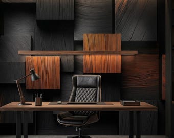 3D Wood Panel Wallpaper Mural, Geometric Dark Wood Wall Art, Modern Luxury Texture Wall Paper Decor, Living Room Bedroom Office Wall Decor