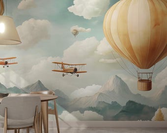 Hot Air Balloon Wallpaper Mural, Vintage Airplane Sky Wall Decor for Nursery Kids Room Bedroom, Dreamy Mountain Clouds Wall Art
