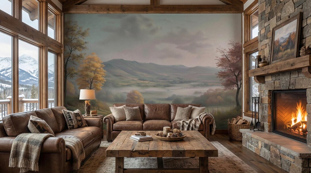 Misty Mountain Landscape Wallpaper Mural, Watercolor Nature Wall Art ...