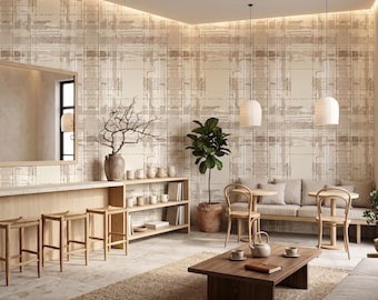 Neutral Beige Abstract Grid Living Room Wallpaper, Minimal Texture Bedroom Wall Mural, Modern Office Wall Decor