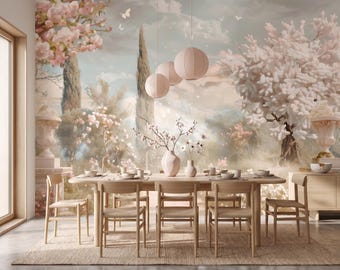 Romantic Garden Wallpaper, Blossom Tree Wall Mural, Vintage Floral Wallpaper, Peel&Stick Livingroom Wallpaper, Traditional Bedroom Wallpaper