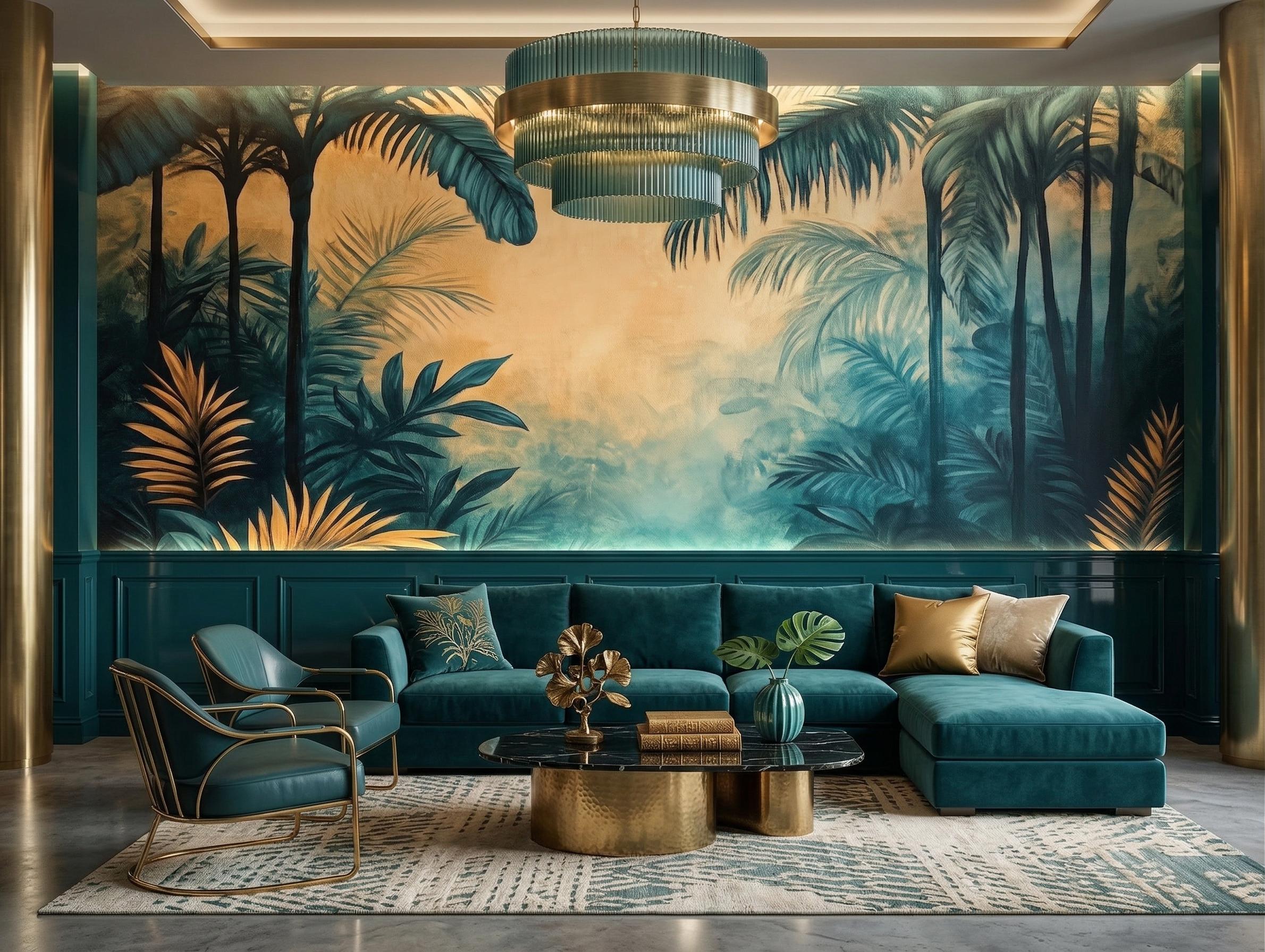 Dark Tropical Jungle Wallpaper Mural, Moody Palm Leaf Wall Decor, Teal ...