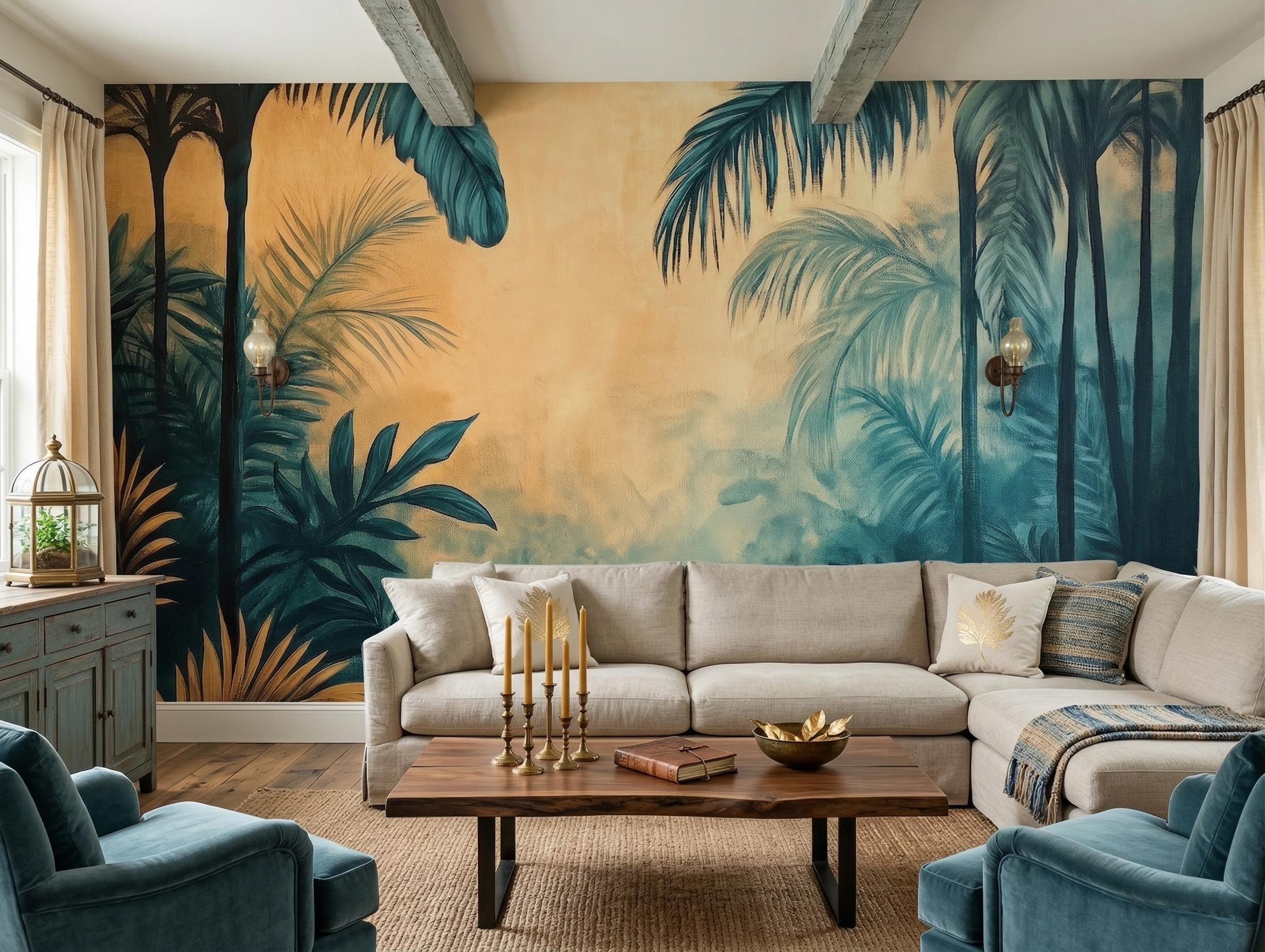 Dark Tropical Jungle Wallpaper Mural, Moody Palm Leaf Wall Decor, Teal ...