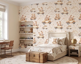 Teddy Bear Wallpaper For Boys Room, Vintage Toy Car Wallpaper, Neutral Nursery Wall Mural, Cute Bear Nursery Decor, Peel And Stick Wallpaper