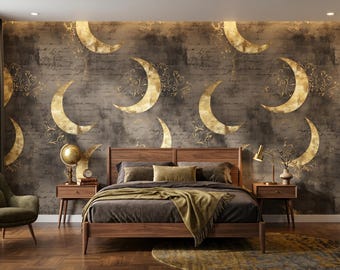 Dark Celestial Moon Wallpaper, Black Gold Crescent Moon Wall Mural, Vintage Gothic Wallpaper, Moody Bedroom Decor, Peel and Stick